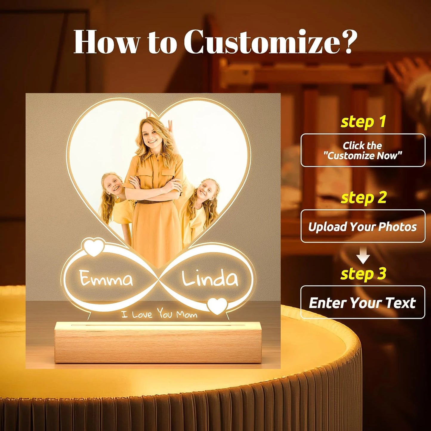 Personalized Mom Birthday Gift Acrylic Plaque Picture Frame Personalized Photo Frame with Night Light Anniversary Mother's Gifts